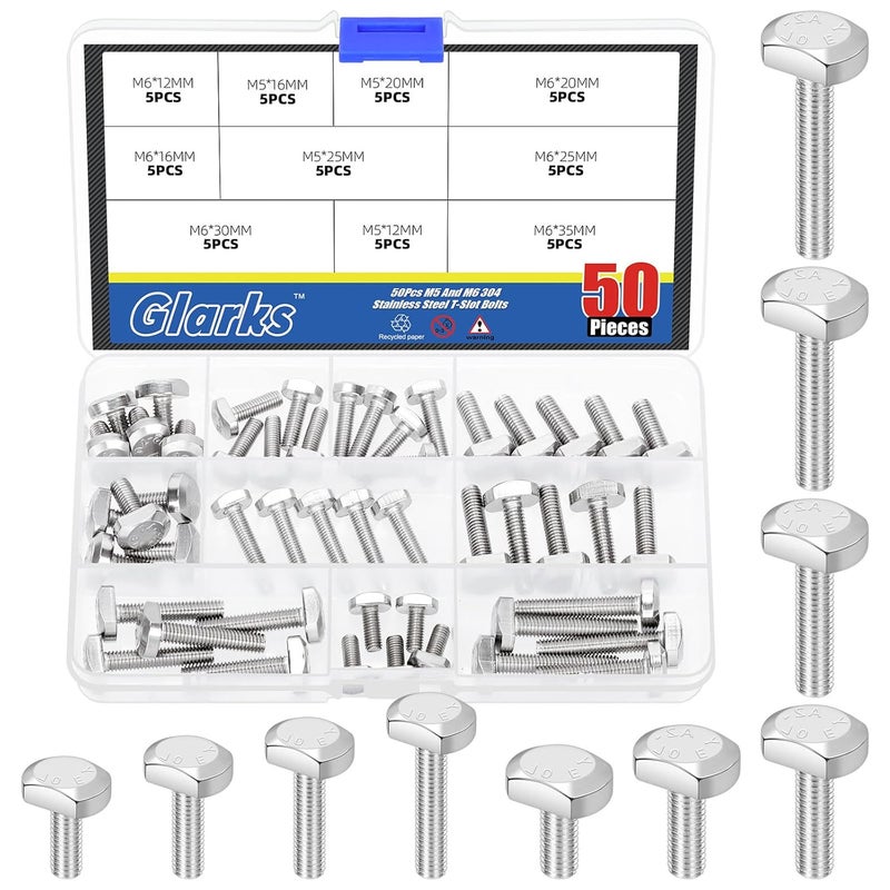 Glarks 50pcs M5 M6 T-Shaped Bolt Screw Set, 12/16/20/25/30/35MM Length 304 Stainless Steel T Shape Screws Hammer Head Bolt, Drop-in Stud Sliding T-Bolt, T-Slot Bolts for T Track - Image 1